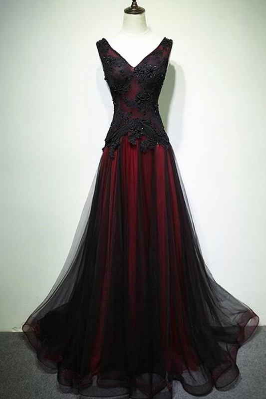 Elegant V-Neck Tulle Long Prom Dress Lace Beaded Evening Dress DP195