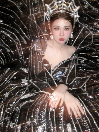 Luxurious Black Ball Gown Long Sleeve Shiny Sequin Long Prom Dress Evening Dress DP5381