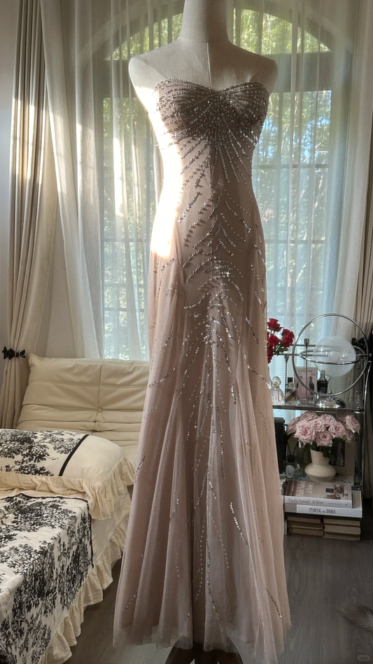 Elegant Mermaid Strapless Sequin Chiffon Long Party Dress Wedding Guest Dress DP2480