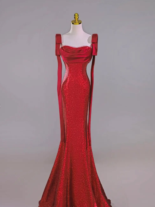 Elegant Mermaid Straps Red Sequin Long Prom Dress Graduation Prom Dress DP2050