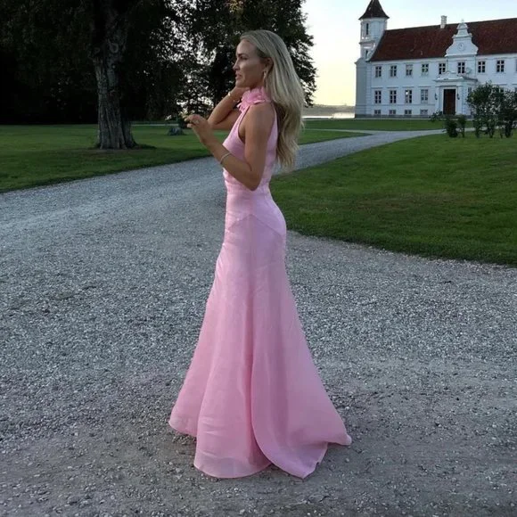 Pink Mermaid Halter Flower Chiffon Prom Dress Party Dress with Slit DP2581