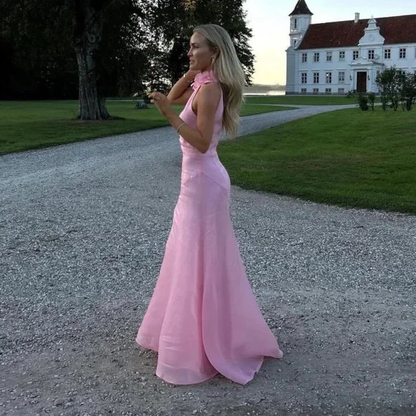 Pink Mermaid Halter Flower Chiffon Prom Dress Party Dress with Slit DP2581