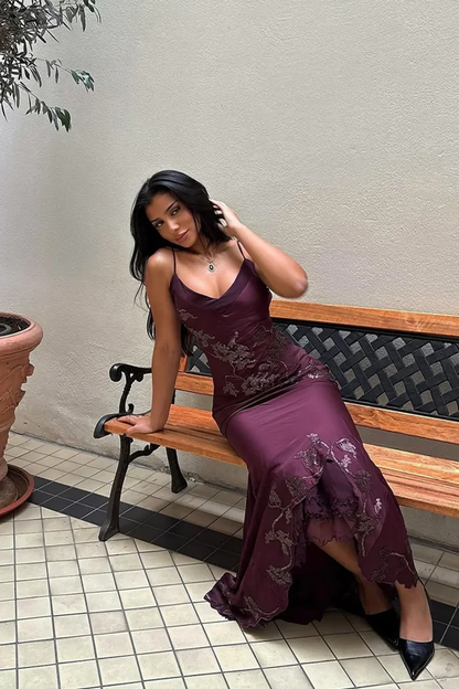 Dark Purple Mermaid Spaghetti Strap Beaded Satin Ball Gown Graduation Prom Dress DP4841