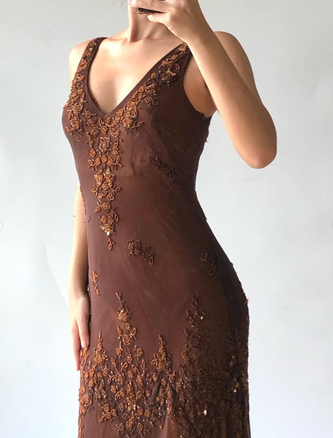 Vintage Mermaid V Neck Beaded Sequin Brown Chiffon Prom Dress Evening Dress DP1733