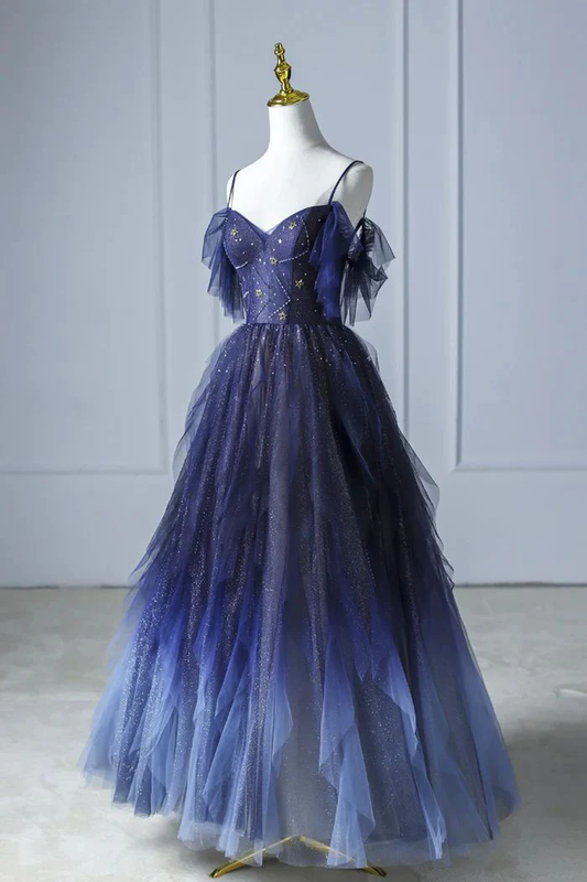 Beautiful Navy Blue Gradient Tulle Long Prom Dress Evening Dress DP205