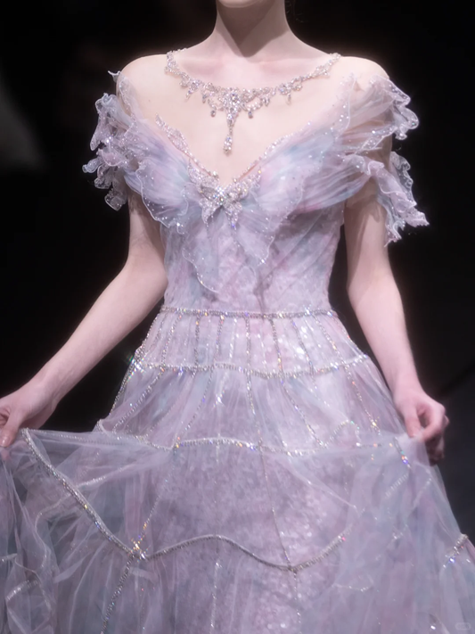 Lilac Romantic A Line Round Neck Sequin Beaded Tulle Prom Dress Evening Dress DP2794