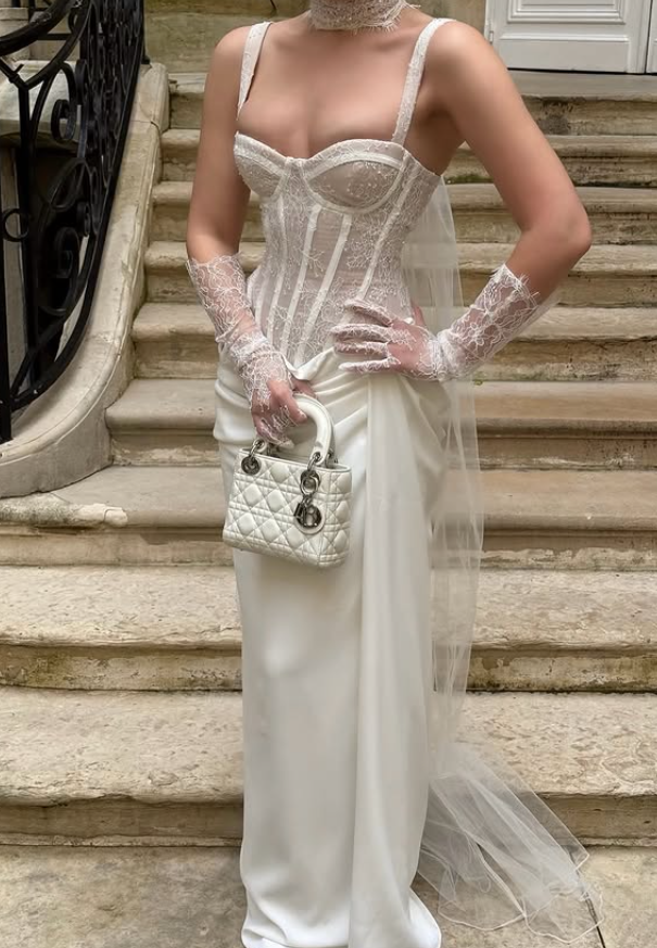 Charming White Sheath Spaghetti Straps Lace Satin Long Prom Dress Party Dress DP6802