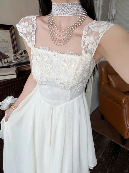Gentle White A Line Straps Lace Chiffon Prom Dress Evening Dress DP6455