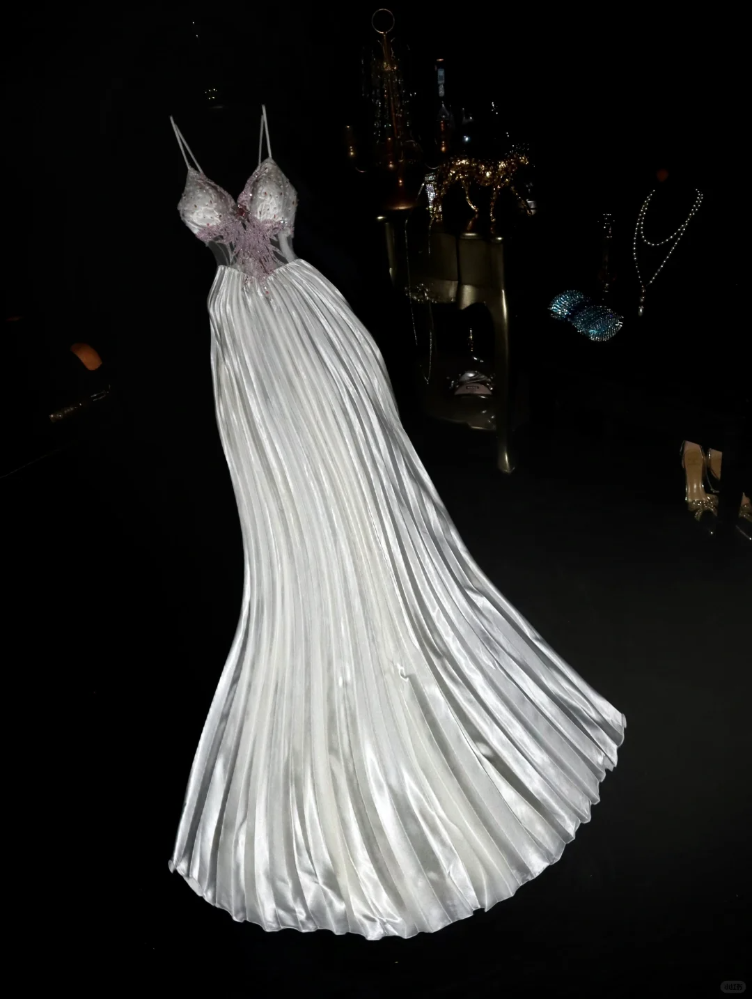 Vintage A Line Spaghetti Strap Beaded Silver Satin Long Prom Dress DP4422