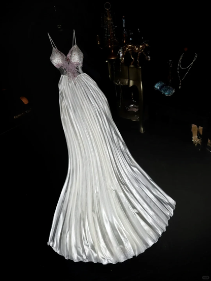 Vintage A Line Spaghetti Strap Beaded Silver Satin Long Prom Dress DP4422