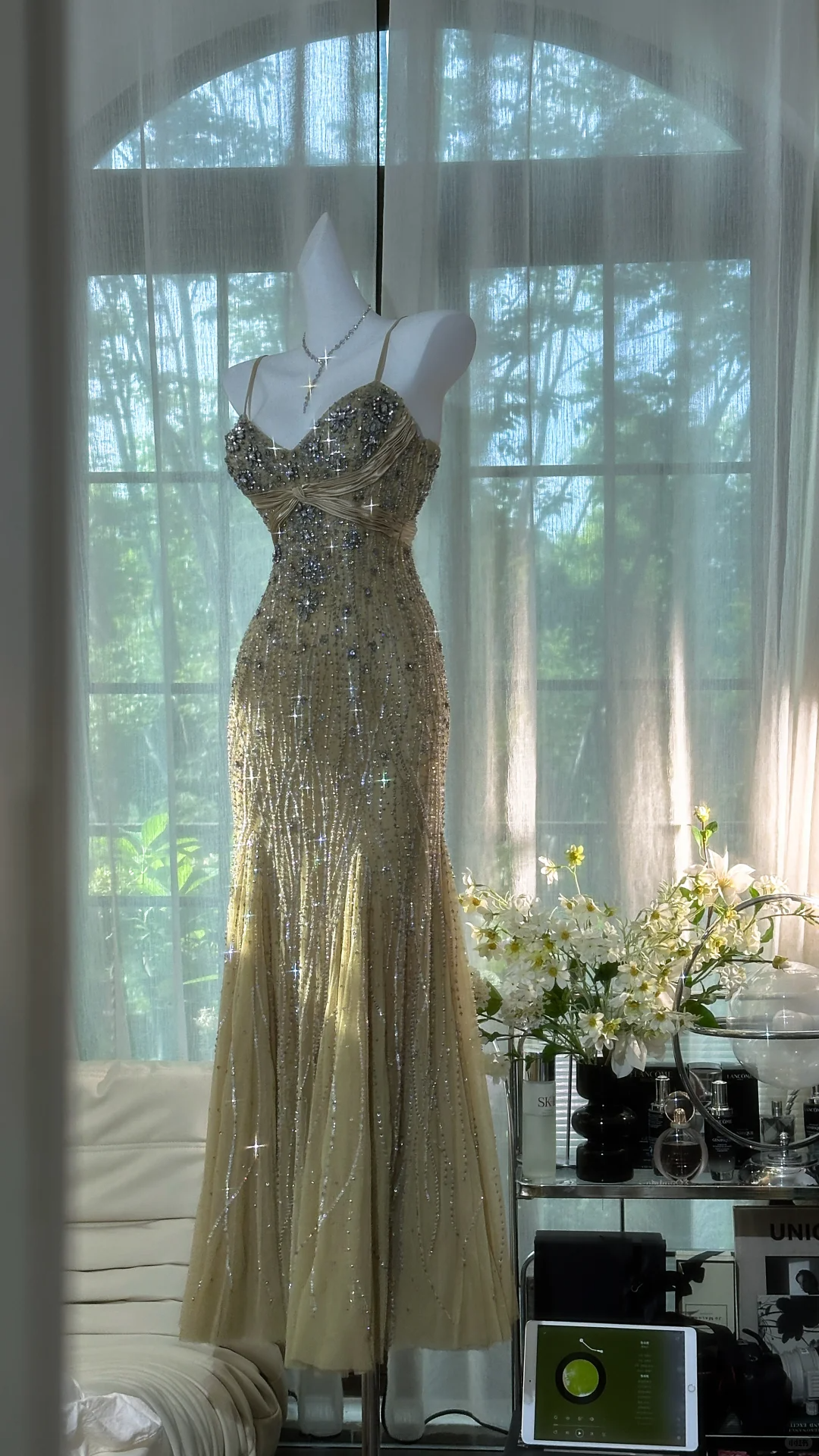 Vintage Mermaid V Neck Beaded Olive Green Tulle Prom Dress Party Dress DP3704