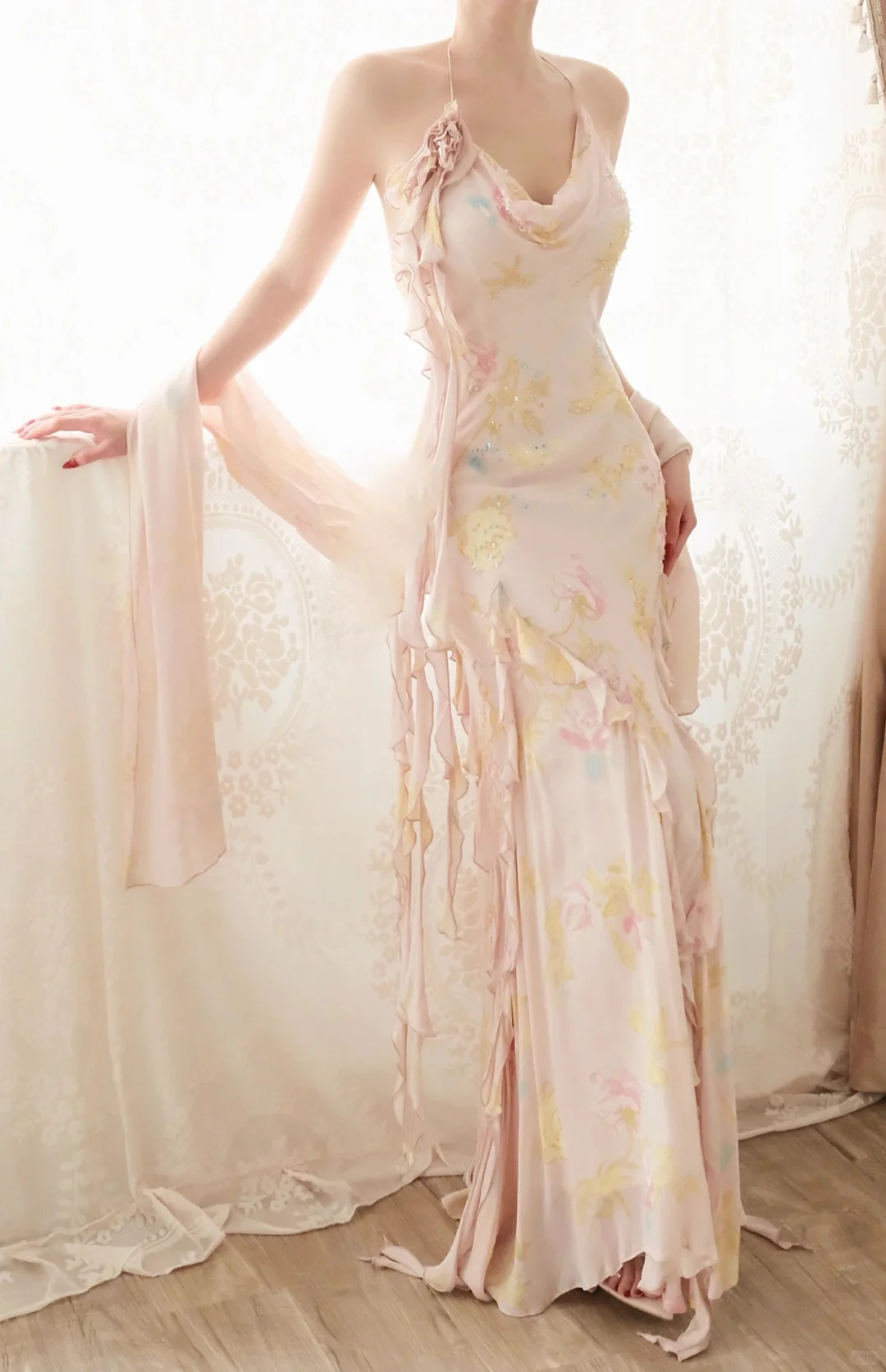 Vintage Mermaid Spaghetti Strap Beaded Light Pink Chiffon Prom Dress Evening Dress DP8259