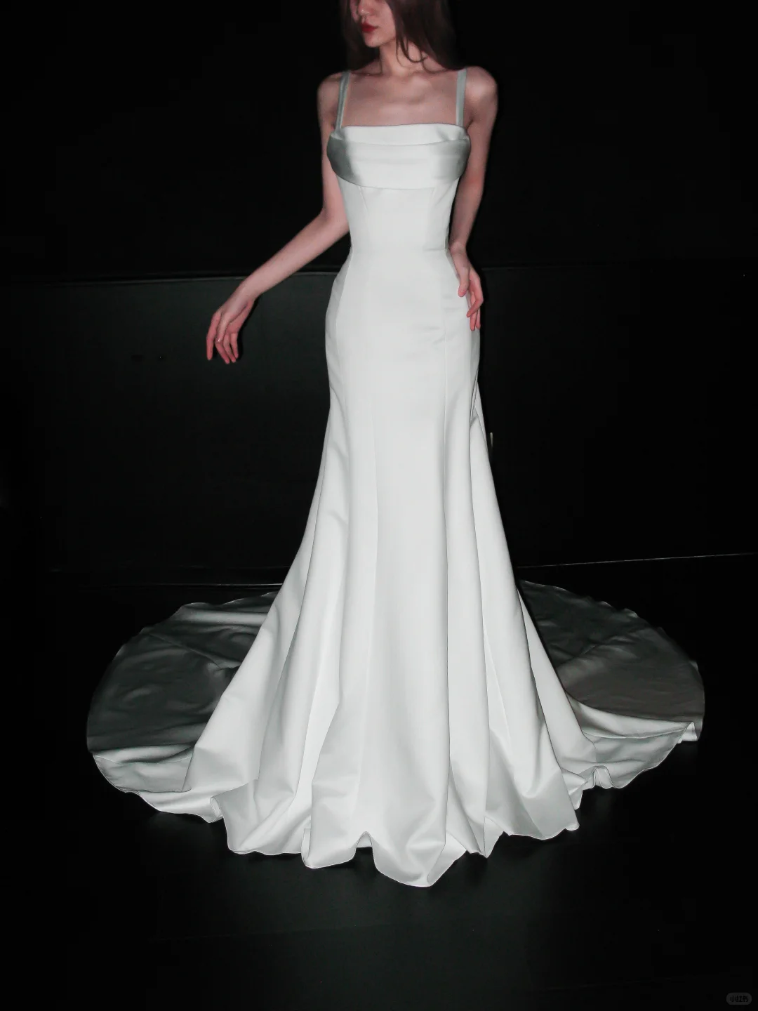 Glossy Mermaid Strap White Satin Long Sweep Wedding Dress DP5203
