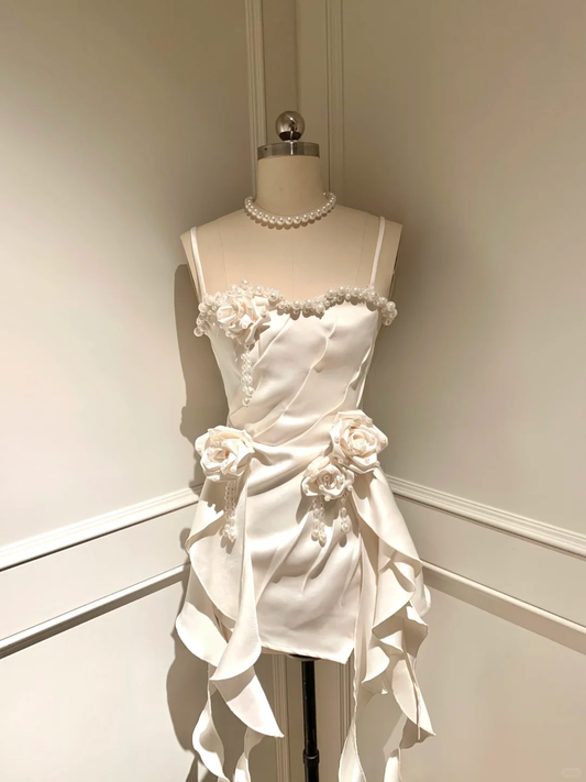 Charming A Line Straps Flower Pearl Ruffle White Satin Short Homecoming Dress Cocktail Dress DP2719