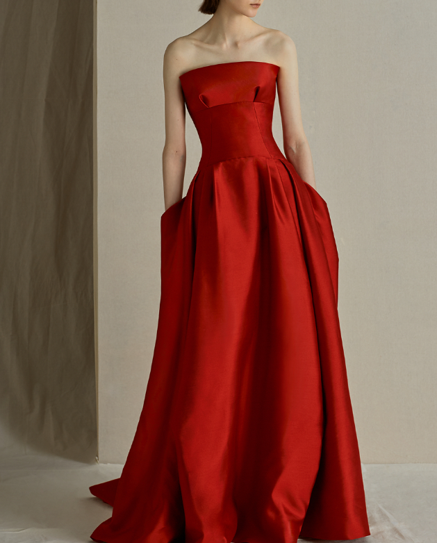 Simple A Line Strapless Red Satin Long Prom Dress Evening Dress DP1534