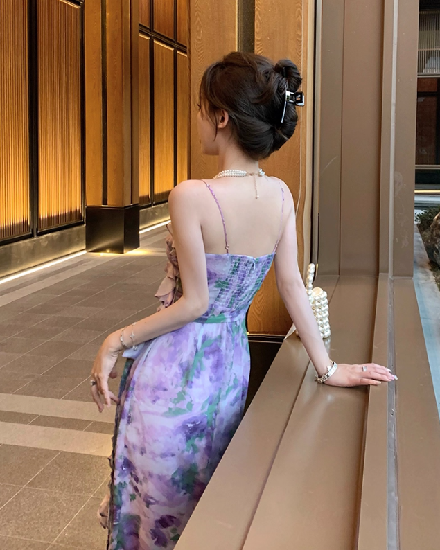 Mermaid Strap Print Floral Purple Chiffon Party Dress Evening Dress Outfits DP3406