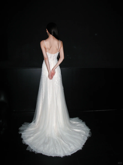 Fairy A Line Spaghetti Strap White Beaded Sequin Tulle Long Wedding Dress DP8113
