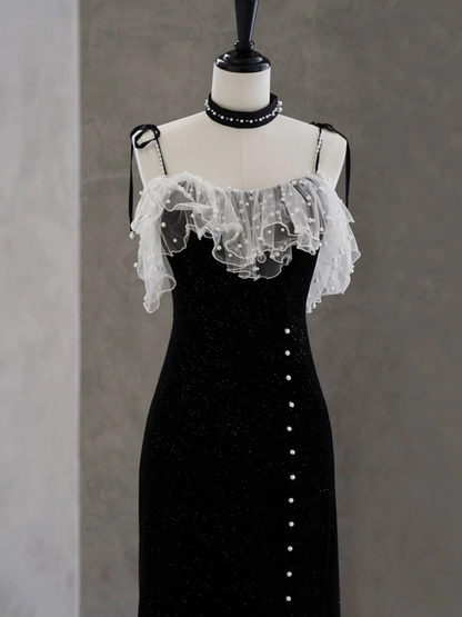 Black Velvet Beaded Sheath Midi Prom Dress Evening Dress DP056