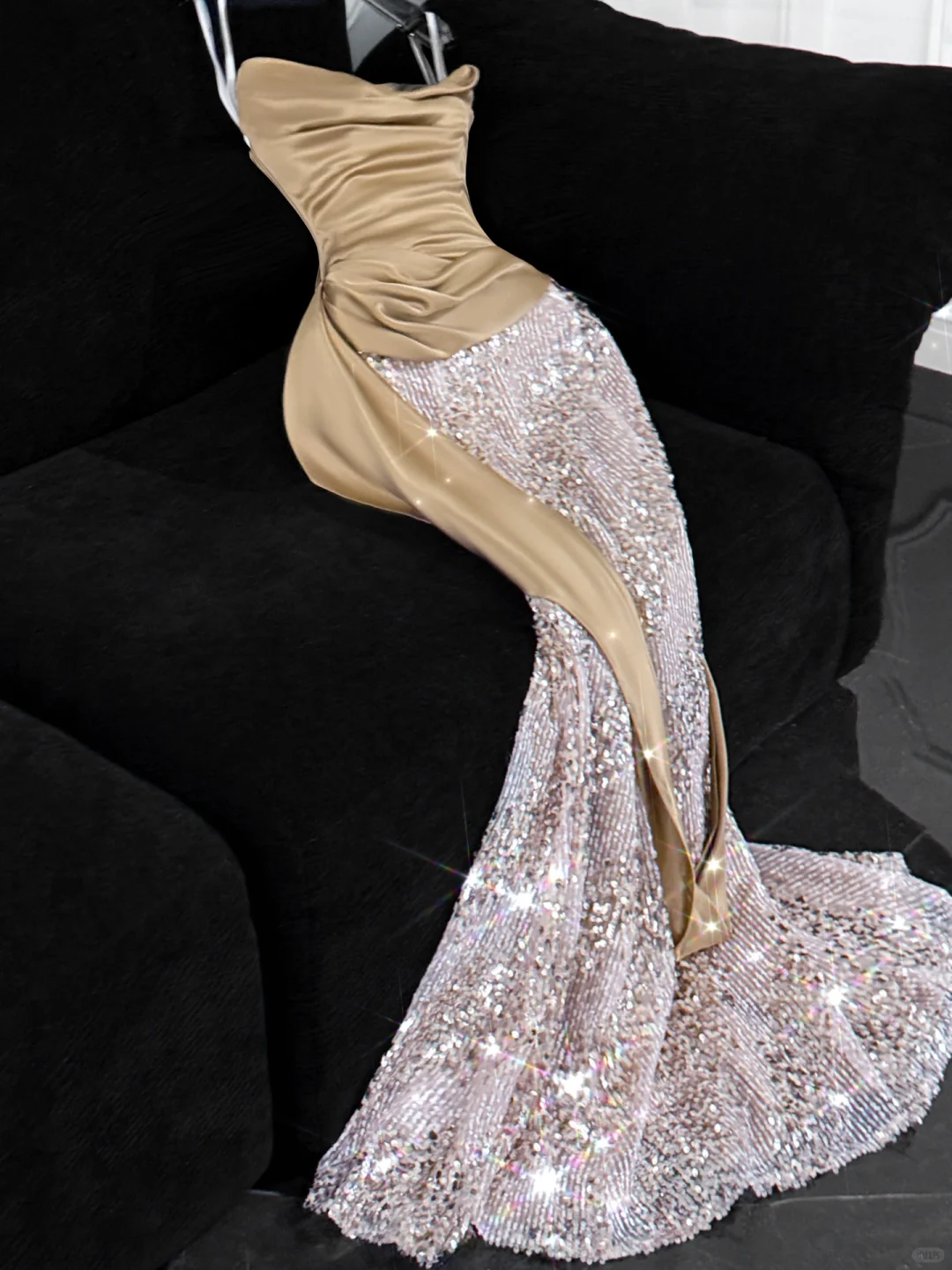 Khaki Mermaid Strapless Sequin Satin Long Prom Dress Evening Dress DP2556