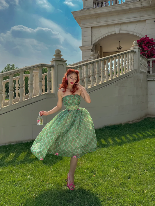 Vintage Ball Gown Strapless Green Plaid Chiffon Party Dress Homecoming Dress DP3732