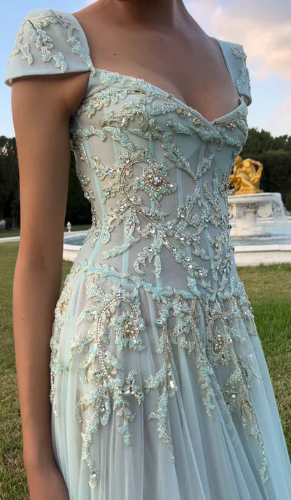 Baby Blue A Line Exquisite Beaded Tulle Prom Dress Wedding Guest Dress DP5741
