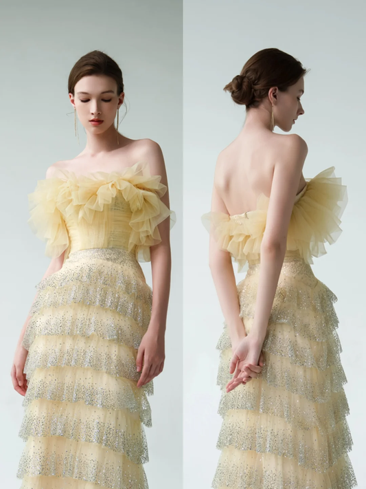 Yellow Sheath Strapless Layered Tulle Sequin Party Dress Prom Dress Formal Gown DP3726