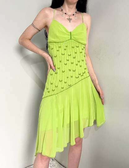 Cute Green A Line Spaghetti Strap Beaded Chiffon Open Back Prom Dress Graduation Prom Dress DP2258