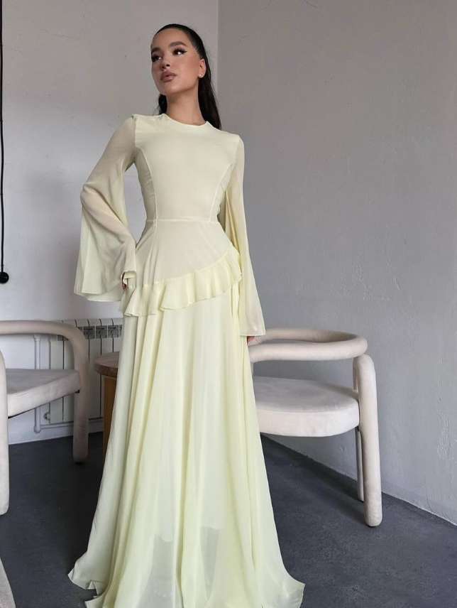 Baby Blue A Line Long Sleeve Flowy Chiffon Prom Dress Evening Dress DP5262