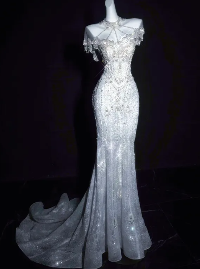 Stunning White Mermaid Halter Exquisite Beaded Sequin Tulle Long Prom Dress Evening Dress DP4684