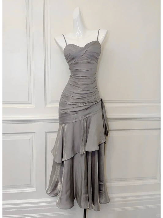 Grey Gold Mermaid Spaghetti Strap Layered Satin Party Dress Wedding Guest Dress DP2588