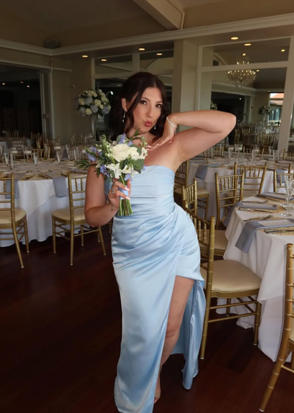 Charming Blue A Line Strapless Pleated Satin Bridesmaid Dress with Slit DP4970
