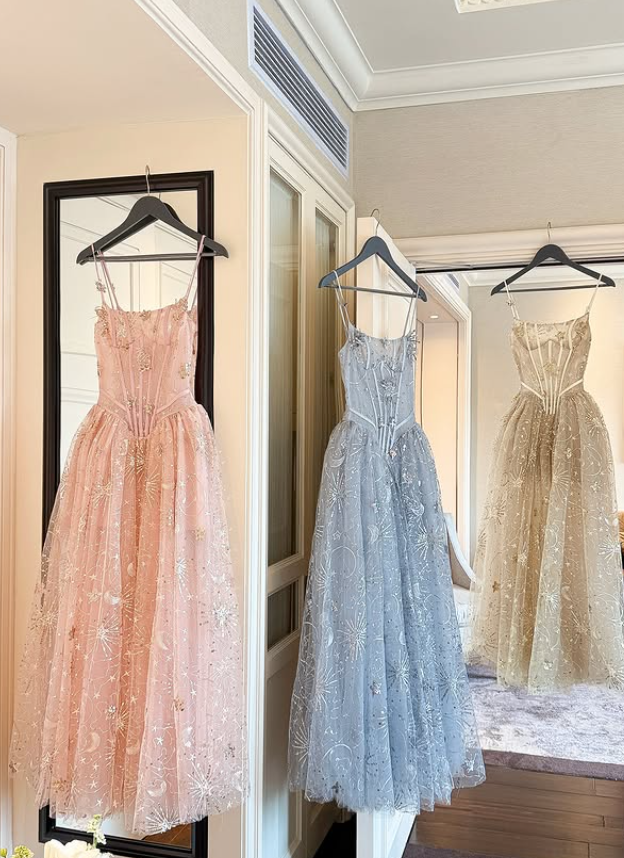 Dreamy Pink A Line Spaghetti Straps Embroidered Beaded Tulle Prom Dress Evening Dress DP6135