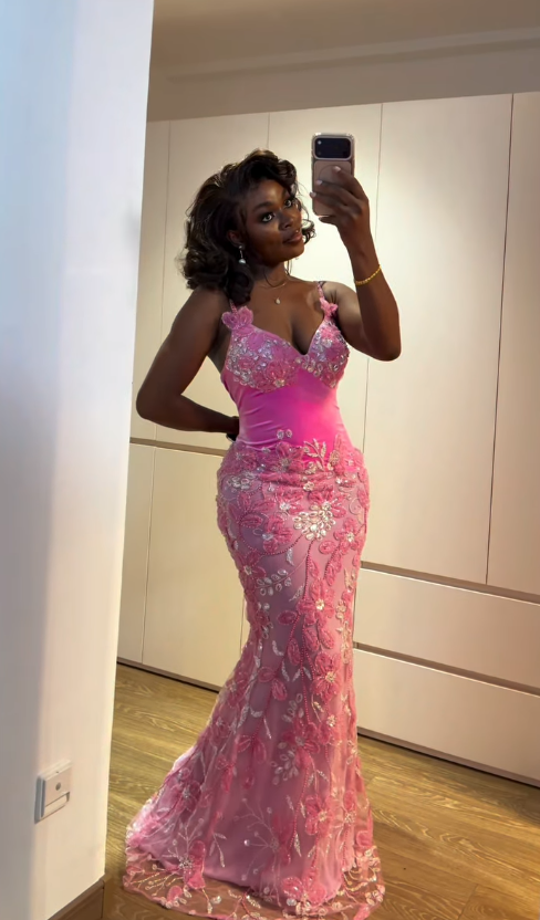 Pink Mermaid Spaghetti Strap Sequin Tulle Long Prom Dress Evening Dress DP7862