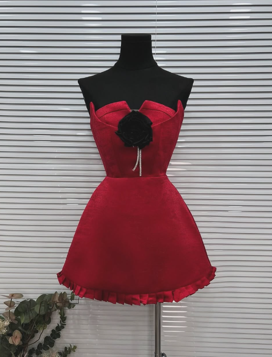 Burgundy A Line Strapless Satin Short  Homecoming Dress Outfits DP1277