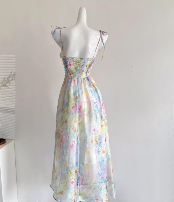Dreamy Multi-color A Line Spaghetti Strap Printed Floral Chiffon Vacation Dress Birthday Dress Outfits DP3542