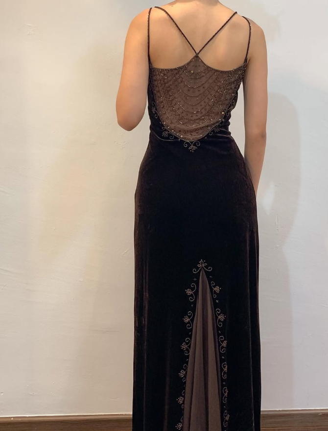 Vintage Sheath Spaghetti Strap Beaded Velvet Prom Dress Evening Dress DP1688
