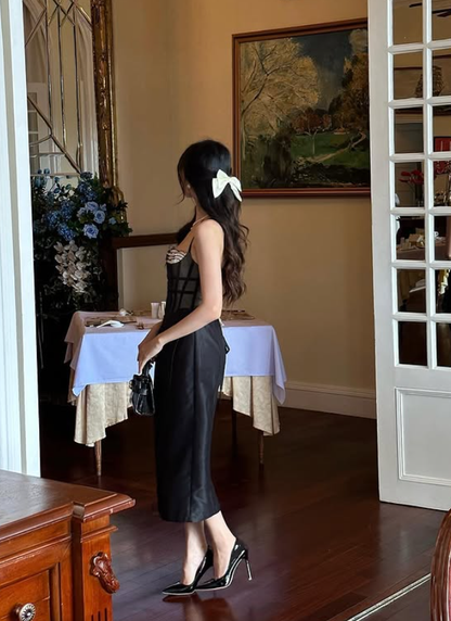 Cute A Line Spaghetti Strap Corset Black Satin Prom Dress 16th Birthday Dress DP3971