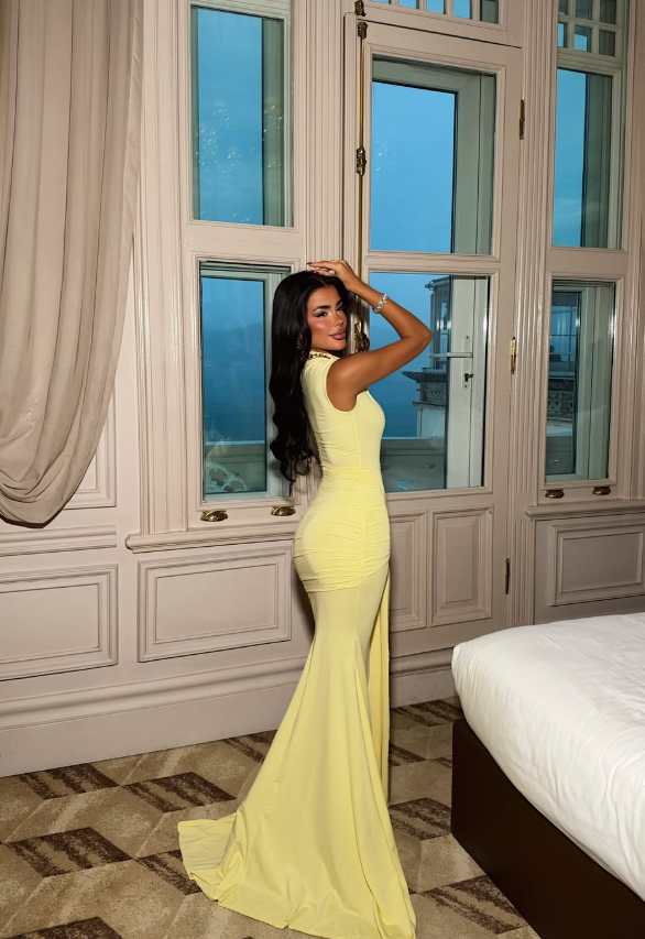 Sexy Yellow Mermaid High Neck Pleated Satin Long Prom Dress Party Dress DP8213