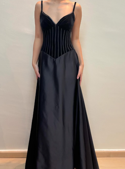 Charming A Line Spaghetti Strap Corset Velvet Satin Long Prom Dress Evening Dress DP1601