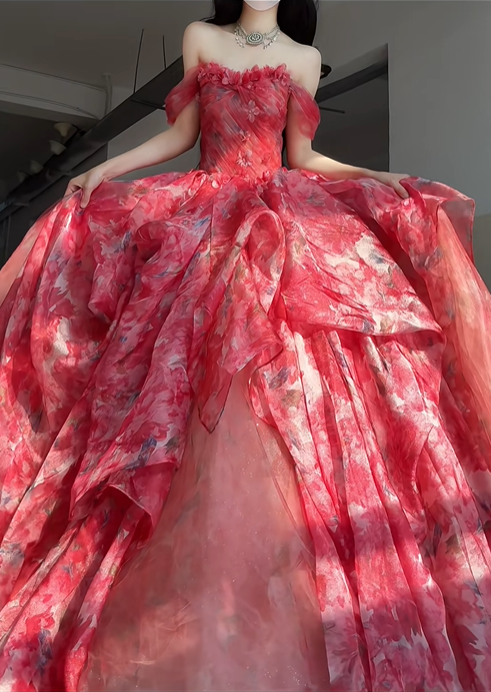 Red A Line Off the Shoulder Print Floral Chiffon Tulle Prom Dress Graduation Ball Gown DP4567