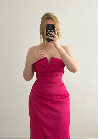 Hot Pink Sheath Strapless Satin Prom Dress Evening Dress DP6043
