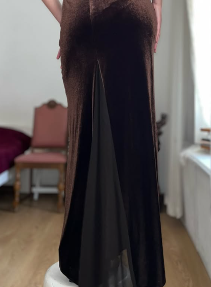 Vintage Sheath Spaghetti Strap Brown Velvet Prom Dress Evening Dress DP5725