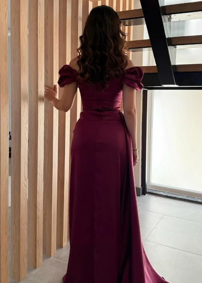 Burgundy A Line Off the Shoulder Satin Long Prom Dress Evening Dress Slit DP6933