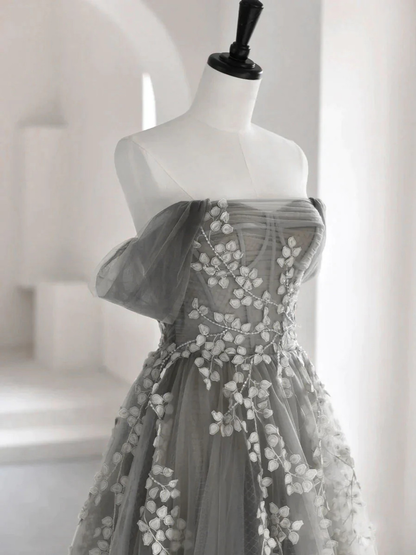 Gray Tulle Off the Shoulder Appliques Prom Dress DP271