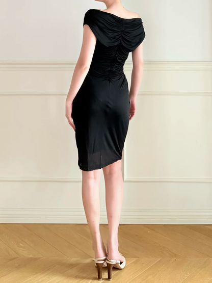 Vintage Sexy Black Sheath V Neck Beaded Pleated Chiffon Homecoming Dress Outfits DP5139