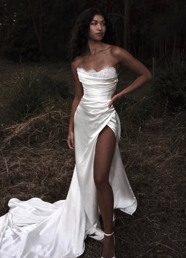 Sexy Mermaid Strapless White Lace Satin Wedding Dress with Slit DP4667