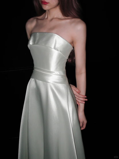 Simple Glossy A Line Strapless White Satin Wedding Dress DP5202