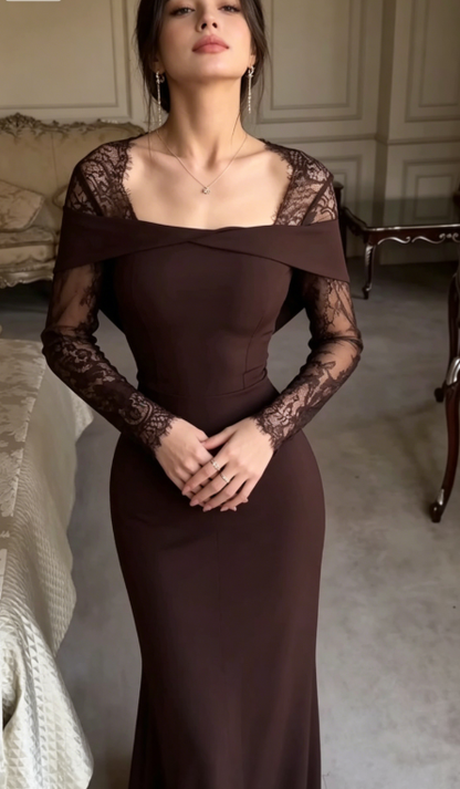 Elegant Brown Sheath Long Sleeve Lace Satin Prom Dress Date Dress DP5102
