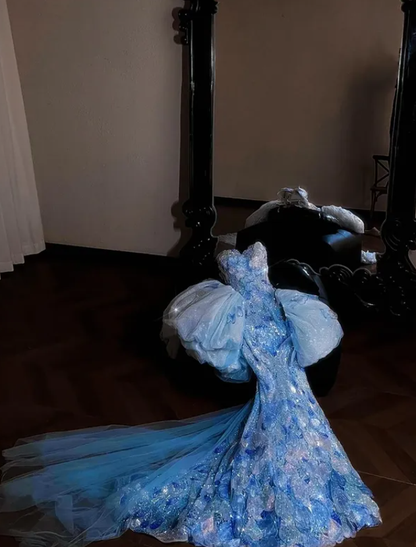 Blue Mermaid Sweetheart Neck Exquisite Rhinestone Layered Sequin Tulle Long Prom Dress DP4637