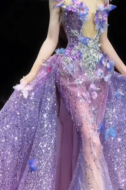 Dreamy Purple Mermaid Strapless Exquisite Rhinestone Floral Tulle Prom Dress DP4634